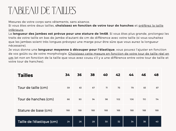 Tableau de taille du patron PDF de pantalon fluide JOEY