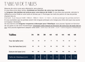 Tableau de taille du patron PDF de short d'été VAIMA